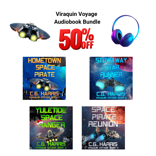 Viraquin Voyage Audiobook Bundle with books and headphones on a white background